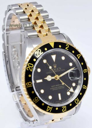 Rolex GMT - Master II 18k Yellow Gold/Steel Black Mens Watch & Box W 16713 4
