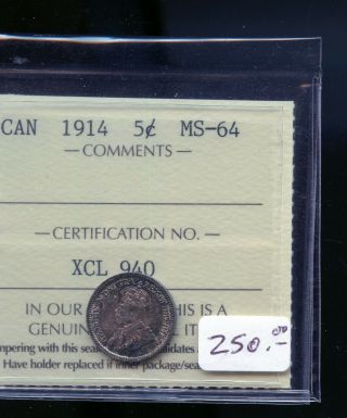 1914 Canada Silver 5 Cents Iccs Certified Ms64 B004