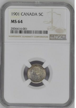 1901 Canada 5 Cents Ngc Ms64 High Value Cert 2836414 - 001