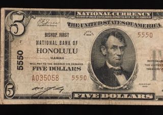 1929 $5 Bishop First National Bank Of Honolulu Hawaii Type 2 Ch.  5550 Rare