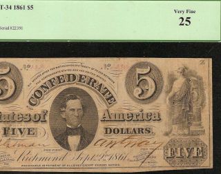 1861 $5 Dollar Bill Confederate States Currency Civil War Note Money T - 34 Pcgs