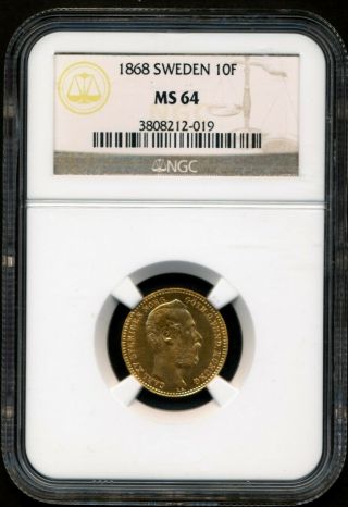 1868 1 Carolin 10 Francs Sweden Gold Coin NGC MS - 64 STUNNING QUALITY 2