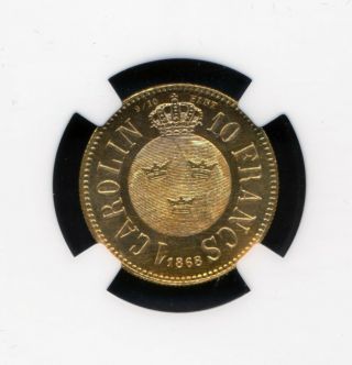 1868 1 Carolin 10 Francs Sweden Gold Coin NGC MS - 64 STUNNING QUALITY 3