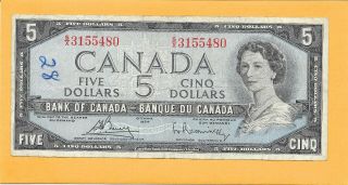 1954 Canadian 5 Dollar Bill S/x3155480 (circulated)