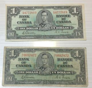 (2) 1937 Bank Of Canada One Dollar Bank Note Bills Gordon Towers King George Vi