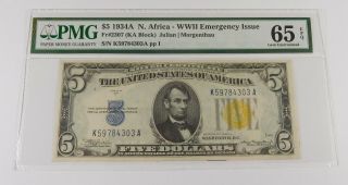 1934a $5 Silver Certificate Wwii North Africa Note - Pmg Gem Unc 65 Epq - Fr 2307