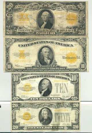 $10 And $20 Small Size Series 1928 And Large Size Series 1922 Gold Certificates