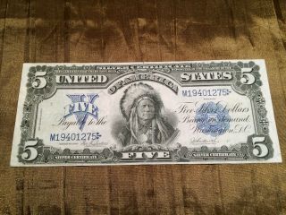 1899 $5 Silver Certificate Note Bill Dollar Indian Chief Running Antelope