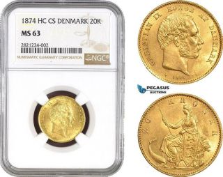 Ab775 - R,  Denmark,  Christian Ix,  20 Kroner 1874,  Gold,  Ngc Ms63,  Rare Pop 1/0