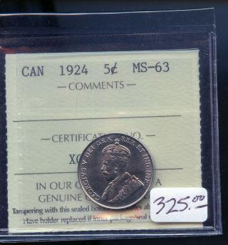 1924 Canada 5 Cents Iccs Certified Ms63 B001