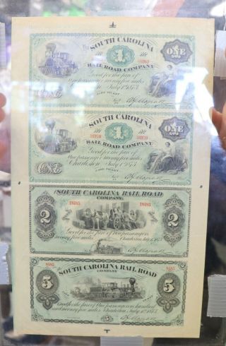 South Carolina Railroad Company Uncut Sheet Of 4 Notes $1 $1 $2 $5 Obsolete Curr