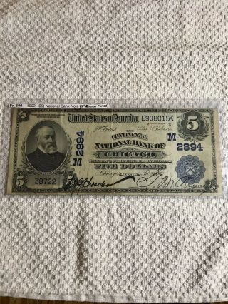 1902 $5 National Bank Note Chicago (fr 590) Blue Seal - Rare Large Note