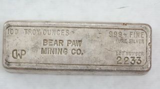 Bear Paw Mining Co.  102.  96 Troy Ounce Hand - Poured Silver Bar.  999 Fine Silver