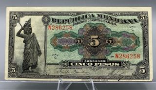 1915 Mexico Paper Money 5 Cinco Pesos Republica Mexicana Bank Note Unc Crisp Wow