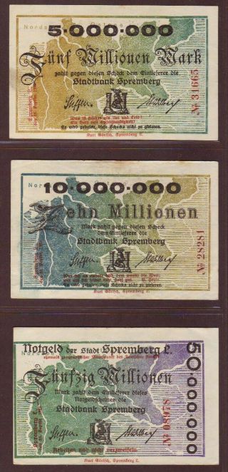 Germany Spremberg 5,  10,  50 Millionen Mark 1923