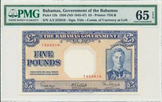 Government Of The Bahamas 5 Pounds 1936 Good S/no 222818.  Rare Pmg 65epq