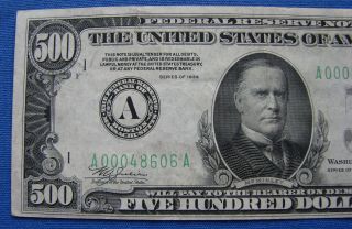 SERIES OF 1934 $500.  00 FEDERAL RESERVE NOTE 