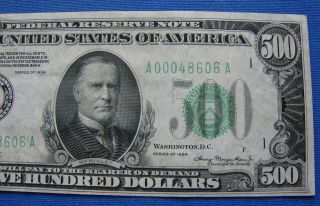 SERIES OF 1934 $500.  00 FEDERAL RESERVE NOTE 