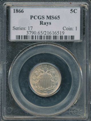 1866 Shield Nickel With Rays Pcgs Ms65 Earlier Blue Holder