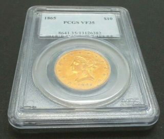 1865 - P US Gold Coin $10 Liberty Head Eagle NO MOTTO - NGC VF35 A20 3