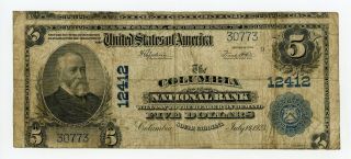 1902 Ch 12412 $5 U.  S.  The Columbia National Bank - South Carolina Note