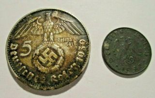 1939 5 Mark German 90 Silver Coin Third Reich Swastika Reichsmark & 1932 1 Pfen