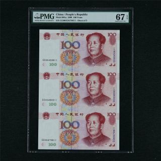 1999 CHINA Peoples Republic 100 Yuan Pick 901a PMG 67 EPQ Gem UNC Sheet of 3 3