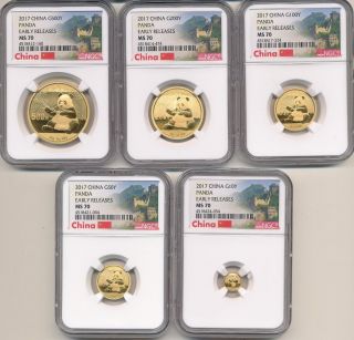 2017 5 Coin Gold Panda Set 1.  85 0z.  Ngc Ms70 Early Releases.  9999 Gold Perfect