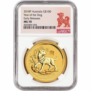 2018 P Australia Gold Lunar Year Of The Dog 1 Oz $100 - Ngc Ms70 Early Releases