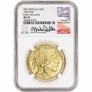 2007 American Gold Buffalo 1 Oz $50 - Ngc Ms70 Early Releases Mike Castle Signed