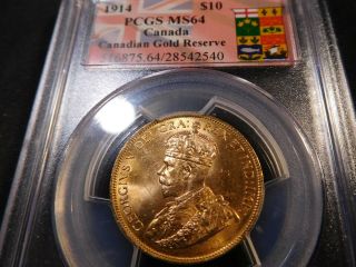 D85 Canada 1914 Gold $10 Canadian Gold Reserve Pcgs Ms - 64