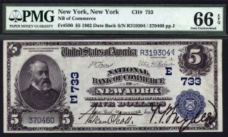 $5 1902 Date Back National Bank Of Commerce In York Ch 733 Pmg 66 Epq
