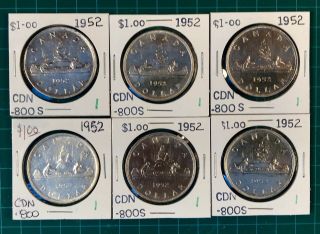 6 - 1952 Canadian Silver Dollars Estate Never Been Graded Very Good Cond