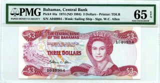 Bahamas 3 Dollars 1974 Nd 1984 Bahamas Central Bank Gem Unc Pick 44a Value $240
