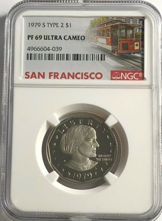 1979 S Ngc Pf69 Ultra Cameo Susan Anthony Type 2 $1 Trolley Label