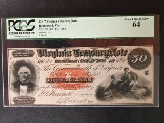 1862 $50 Virginia Treasury Note Csa C - 7 Pcgs 64 Very Choice