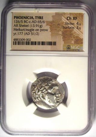 Phoenicia Tyre AR Shekel Coin 51 AD Yr.  177 Melkart Eagle Bible - NGC Choice XF 2