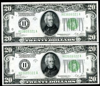 (2) Consecutive 1928 - B $20 Frn Federal Reserve Notes St.  Louis,  Mo Gem