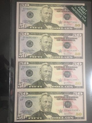 2004 $50 Federal Reserve Small Star Note Chicago 4 Note Uncut Sheet