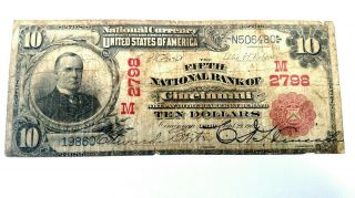 1902 $10 Red Seal Fifth National Bank Of Cincinnati Ohio Oh Ch 2798 4 Known Rare