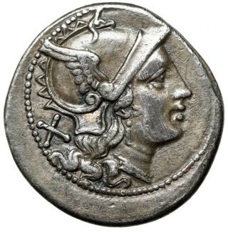 Roman Republic Denarius,  Anonymous " Roma Helmet Decorated Griffin / Dioscuri " Vf