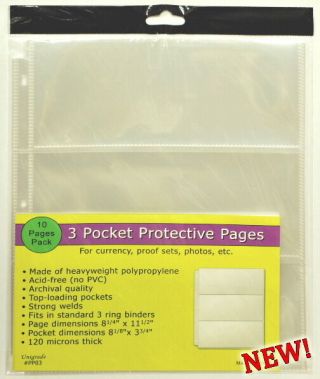 30 Pages (three Packs) Of Unigrade 3 Pocket Pages For Currency Or Photos