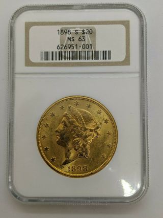 1898 - S $20 Liberty Head Double Eagle Gold Coin - Ngc Ms 63
