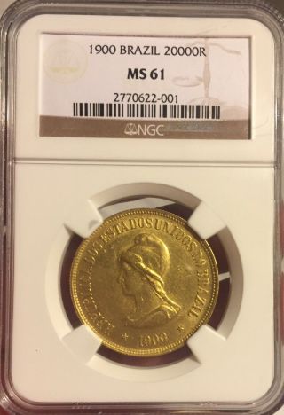 1900 Gold Brazil 20000 Reis Ngc Ms61
