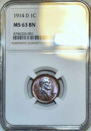 Ngc Ms - 63 Bn 1914 - D Indian Head Cent Beautifully Toned Near Rb Specimen