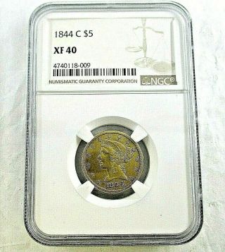 Rare Charlotte 1844 - C $5 Dollar Gold Coin Ngc Extra Fine 40
