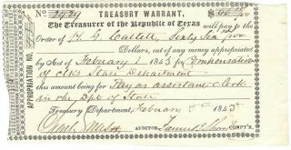 Texas,  Republic Of,  Austin,  Cr.  - Aw09a Treasury Warrant $66.  10 Febr 5,  1845 Ef/au