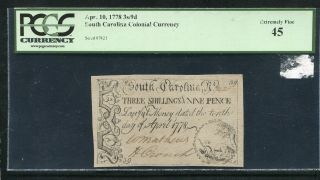 April10,  1778 3s 9p Three Shillings Nine Pence South Carolina Colonial Pcgs Ef - 45