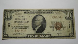 $10 1929 Springfield Vermont Vt National Currency Bank Note Bill Ch.  122 Fine