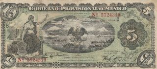 Mexico: 5 Pesos Resellado Gobierno Provisional De Mexico 1914.